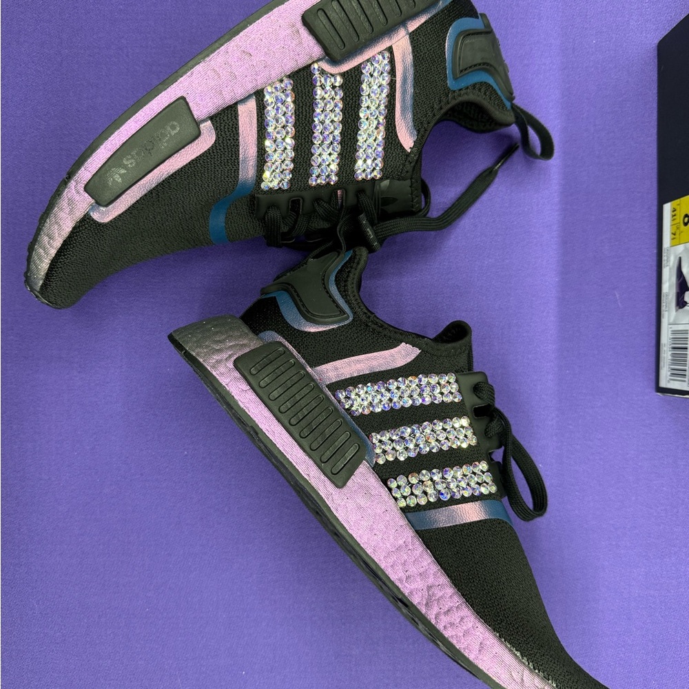 Adidas Women's iridescent and black custom Swarovski AB crystal sneakers